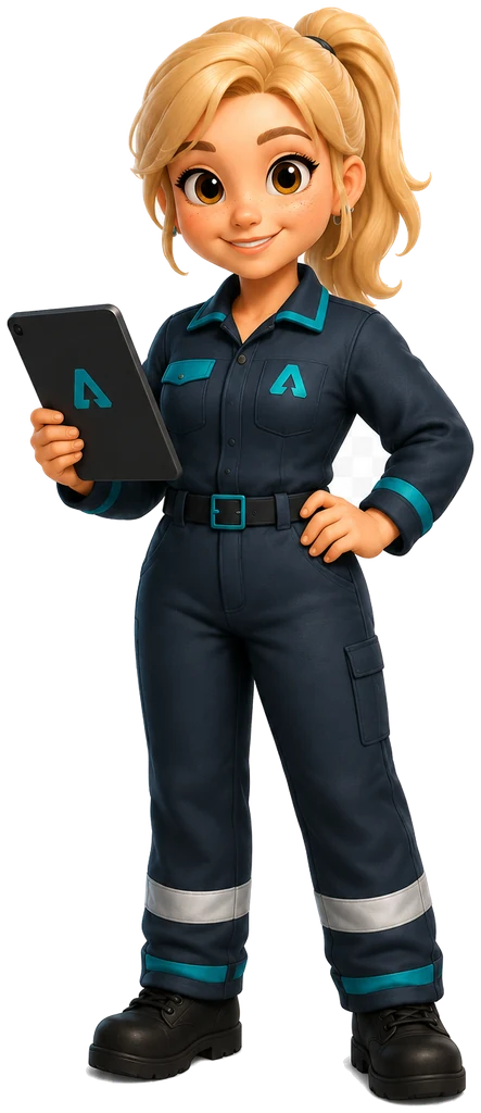 ANNA, a inteligência industrial do LubeTrack, de macacão e com tablet na mão